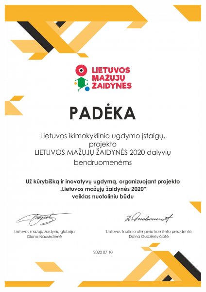 Padėka už vaikų fizinio aktyvumo palaikymą nuotoliniu būdu